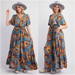 NWOT Easel Boho Floral Maxi Dress - Blue and Orange